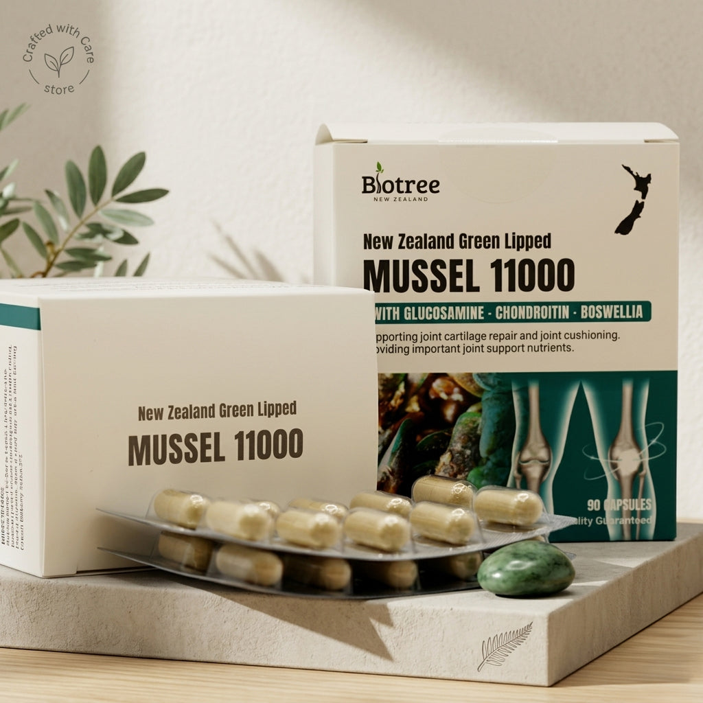 Biotree NZ Green Lipped Mussel 11000mg – ผลิตภัณฑ์บำรุงข้อต่อ – ผสานกลูโคซามีน, คอนดรอยติน และบอสเวลเลีย